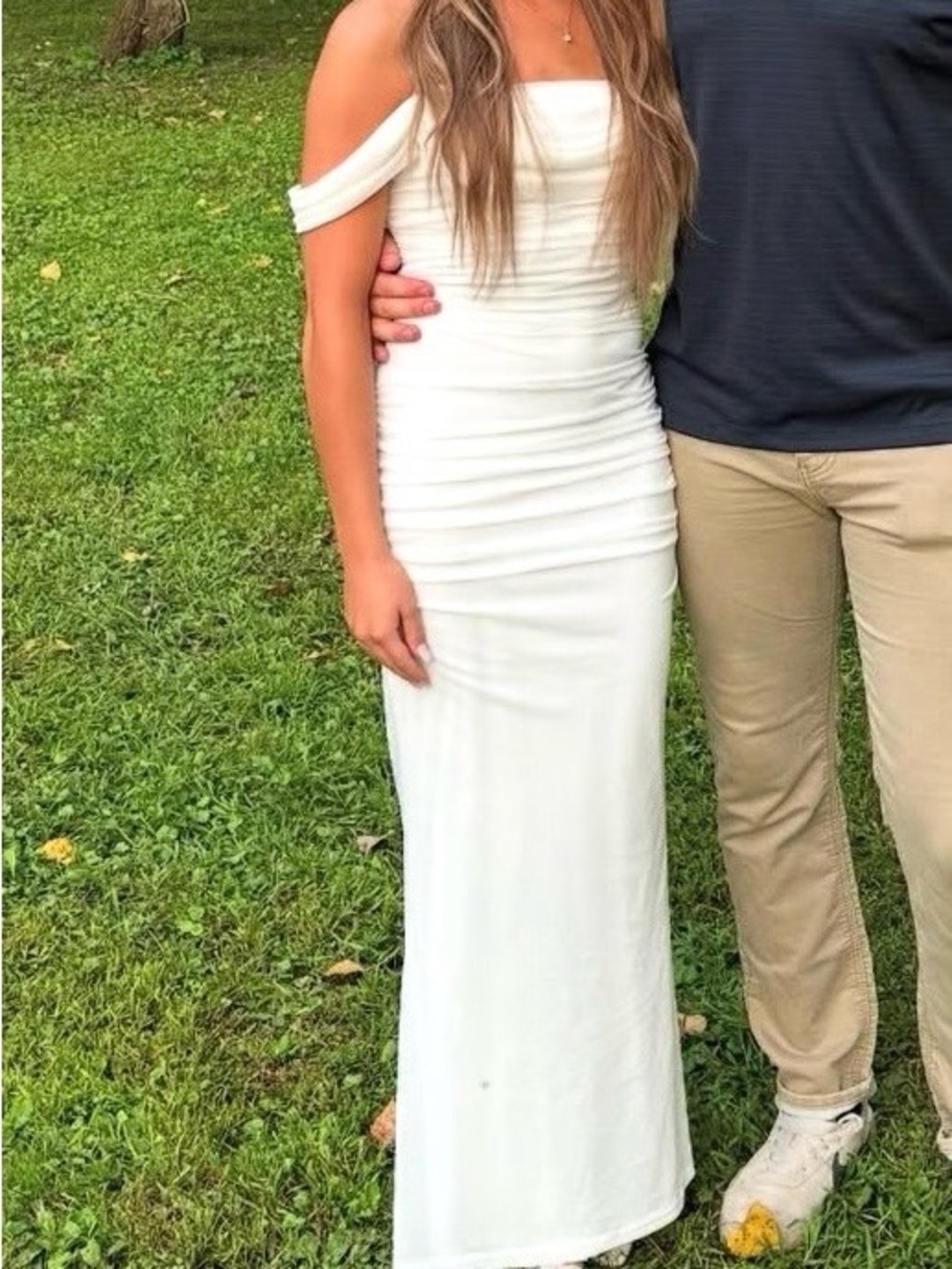Off-Shoulder White Ruched Maxi Dress